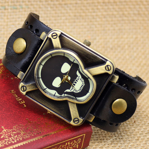 Retro Genuine Leather Skull Skeleton Watch